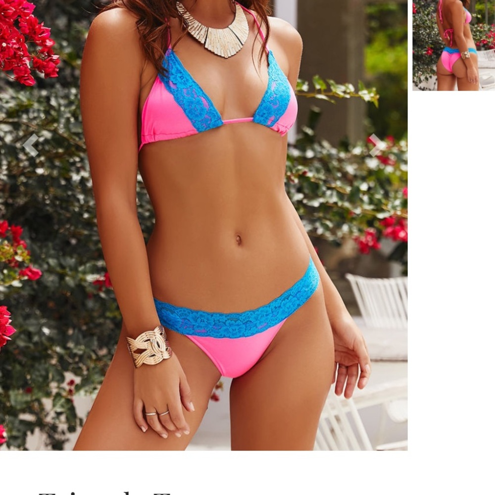 Doll bikini bottom in pink narrow blue lace band